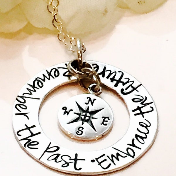 Hand Stamped Remember the past embrace the future compass necklace Inspirational necklace-Graduation Necklace-compass necklace-Retirment gif