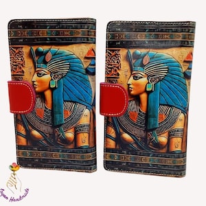 Ägyptische Lederbrieftasche, handgefertigte Echtlederbrieftasche mit Kunst aus dem alten Ägypten, Pharao-Design, einzigartige und bedeutungsvolle Geschenkidee,