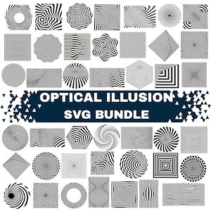 Puede incluir: Una colección de diseños de ilusión óptica en blanco y negro en varias formas geométricas. La imagen incluye espirales, cuadrados y patrones ondulados. El texto de la imagen dice "OPTICAL ILLUSION SVG BUNDLE".