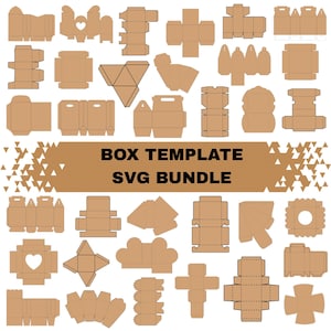 Può includere: Una collezione di vari modelli di scatole di cartone marrone in diverse forme e dimensioni. L'immagine include modelli con manici, ritagli a forma di cuore e altri design unici. Il testo sull'immagine recita "BOX TEMPLATE SVG BUNDLE."