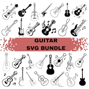 May include: A collection of black and white guitar illustrations, including acoustic and electric models, with musical notes. The text "GUITAR SVG BUNDLE" is displayed on a red background. Perfect for music-themed projects.