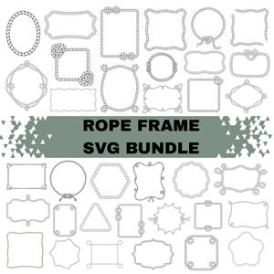 以下が含まれることがあります： 楕円形、長方形、円形など、さまざまな形状のロープフレームデザインのコレクション。 フレームは白黒で、航海のテーマです。 中央には「ROPE FRAME SVG BUNDLE」というテキストが表示されています。