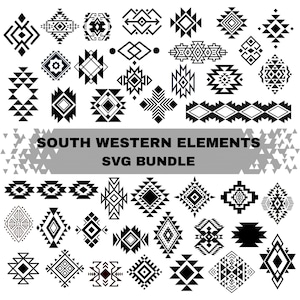 May include: A collection of black and white geometric designs in a Southwestern style. The designs include diamond, arrow, and zigzag patterns. The text "SOUTH WESTERN ELEMENTS SVG BUNDLE" is displayed in a grey rectangle.