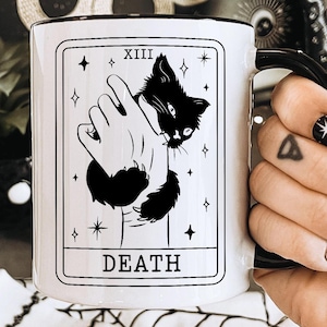 Halloween Coffee Mug, Tarot Card Black Cat Mug, Black Cat Lover Gifts, Tarot Card Death Mug, Funny Halloween Mug, Spooky Season Mug image 1