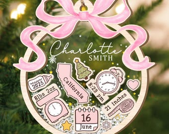 Personalized Baby's First Christmas Ornament: Coquette Bow Girl Newborn Keepsake - 4D Shaker