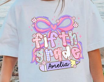 Coquette Back To School Shirt for Girls, First Day Of School Shirt, Custom Kids Name School Oufit, 1st Day Of Fifth Grade, Pink Bow Shirt