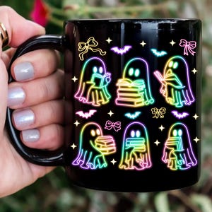 Cute Ghost Reading Mug, Halloween Coffee Mug, Neon Ghost Halloween Mug, Unique Gift for Book Lovers, Spooky Bookish Mug, Fall Gift for Her