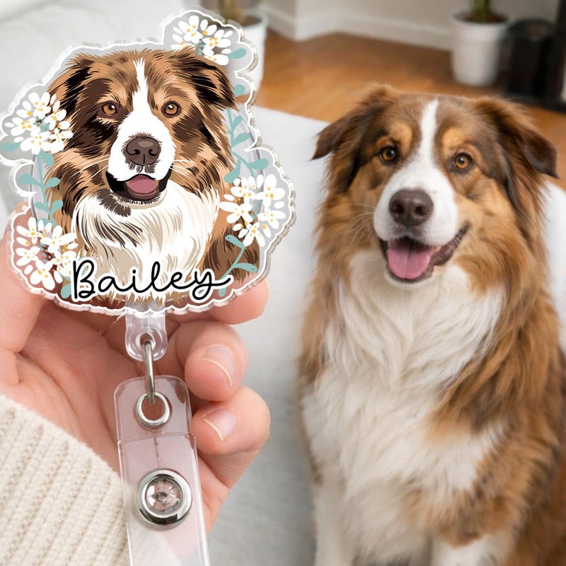 Custom Dog Watercolor Portrait Badge Reel for Mothers Day: Dog Mom Work ID Holder, Dog Photo Memorial Gift, Nurse Gift