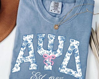 Custom Sorority Shirt: Sorority Initiation Gift,Back To School Shirt, Blue Toile Greek Letter Tee