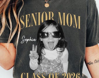 Retro Senior Mom 2026 Shirt:  Custom Childhood Photo Senior Shirt, Class of 2026 Gift, High School Graduation, Proud Family Matching Tee