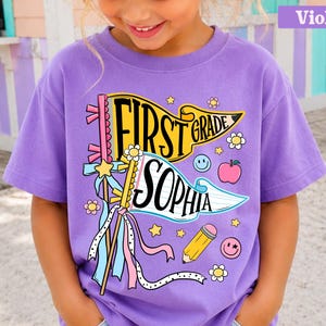 Personalized Pencil Back To School Kids Shirt, Custom Pennant Kids Girl Shirt, Custom Any Grade Shirt, School Toddler Shirt image 1