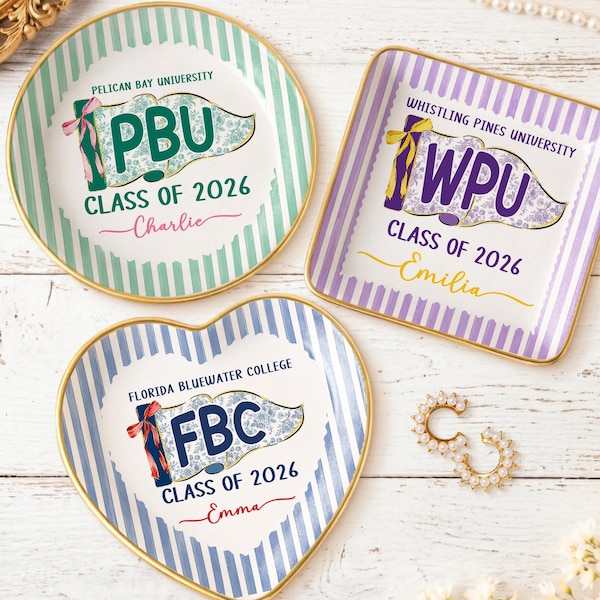 Personalized School Spirit Ring Dish: College High School Graduation Gift, Coquette College Pennant Flag Trinket Tray, Class of 2026 Gifts