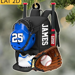 Baseball Bag Christmas Ornament: 2D Acrylic Backpack Ornament, Sport Team Player Coach Gift