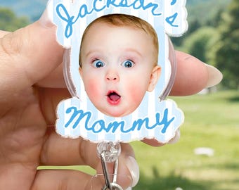 Personalized Baby Face Acrylic Badge Reel: Mother's Day Gift for Mom, Custom Kids Photo Retractable ID Holder