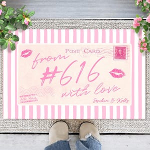 Personalized Postcard Doormat: Custom Room Number Name Mat, Striped Dorm Entry Decor, Girl Dorm Decor, Dorm Dorm Welcome Mat, Roommate Gift