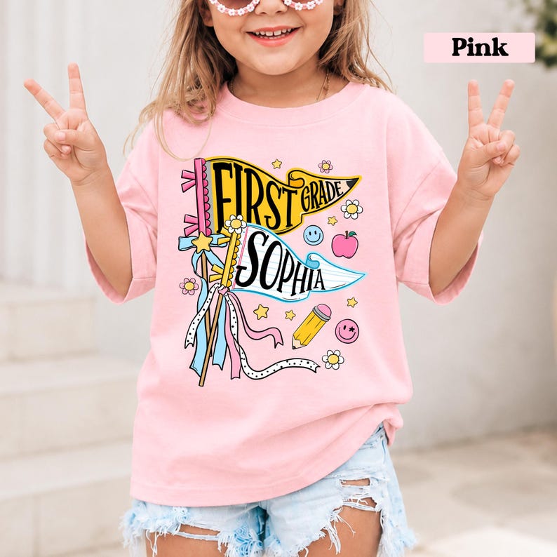 Personalized Pencil Back To School Kids Shirt, Custom Pennant Kids Girl Shirt, Custom Any Grade Shirt, School Toddler Shirt image 6