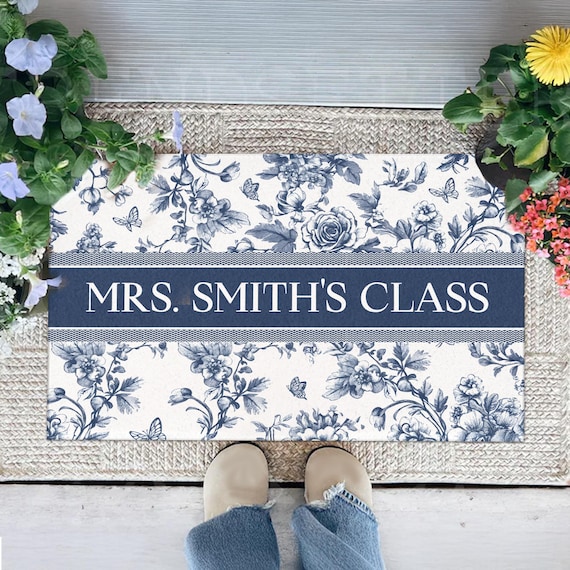Personalized Teacher Name Doormat, Welcome to Classroom Mat, Blue Toile Classroom Decor, Teacher Rug, Back To School Gift for Female Teacher