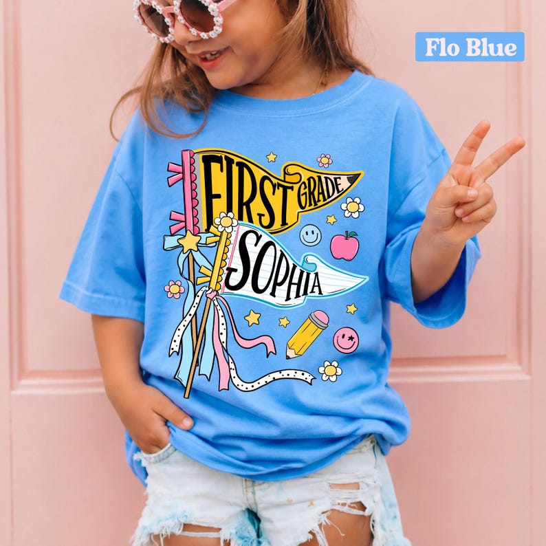 Personalized Pencil Back To School Kids Shirt, Custom Pennant Kids Girl Shirt, Custom Any Grade Shirt, School Toddler Shirt image 5