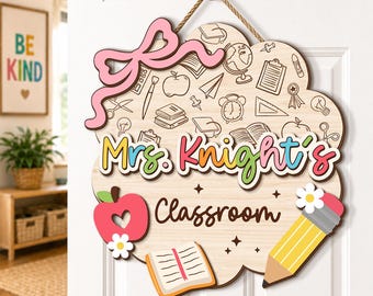 Custom Bow Teacher Door Sign With Name: Floral Teacher Welcome Sign, Coquette Classroom Door Hanger, Kindergarten Teacher Gift