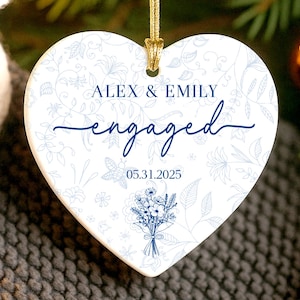 Engaged Ornament 2025, Custom Engagement Ornament with Names & Date, Personalized Blue Toile Wedding Ornament, First Christmas Engaged Gift