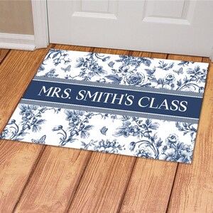 Personalized Teacher Name Doormat, Welcome to Classroom Mat, Blue Toile Classroom Decor, Teacher Rug, Back To School Gift for Female Teacher image 3