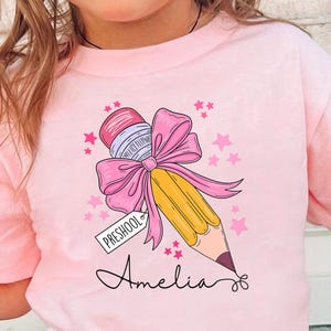 Girls Back to School Kids Shirt, Personalized First Day of School Shirt, Custom Name Kids Shirt, Minimalist Pencil Bow Toddler T-shirt