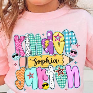 Custom Kindergarten Shirt with Name, Preppy Girls Back to School Personalized Tshirt, Retro First Day of School Outfit, Girly Checkered Tee