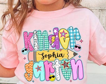 Custom Kindergarten Shirt with Name, Preppy Girls Back to School Personalized Tshirt, Retro First Day of School Outfit, Girly Checkered Tee