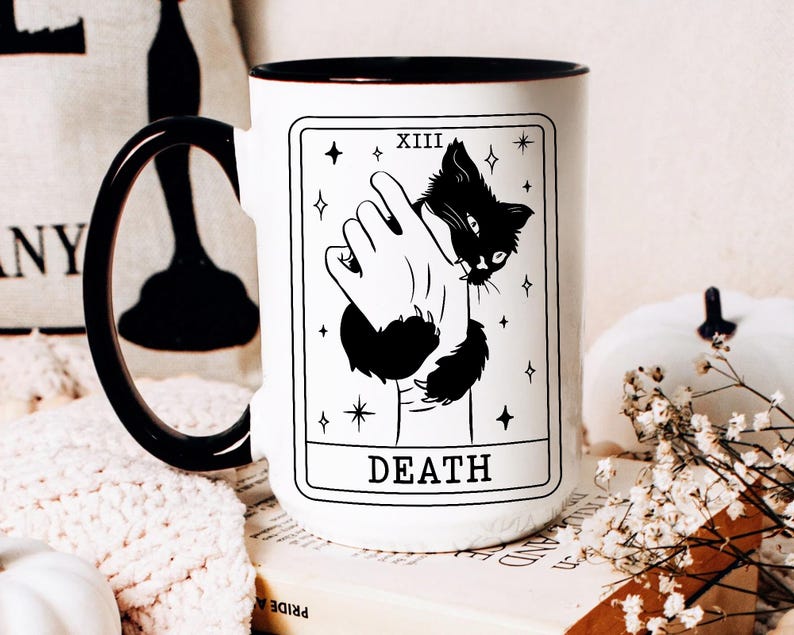 Halloween Coffee Mug, Tarot Card Black Cat Mug, Black Cat Lover Gifts, Tarot Card Death Mug, Funny Halloween Mug, Spooky Season Mug image 4
