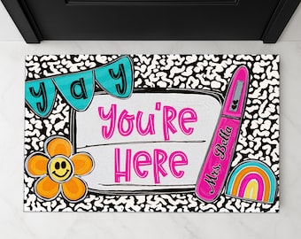 Classroom Welcome Mat, Groovy Theme Teacher Doormat, Composition Notebook Doormat, Custom Teacher Gift, Back To School Gifts for Teacher
