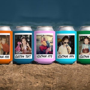 Personalized Photo Can Cooler, Vintage 1984 1985 1975 Photo, Funny Birthday Favors, Custom 30th Birthday, 40th Birthday, 50th Birthday Gifts