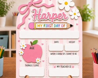 Girl Coquette Back To School Sign, Wooden First Day of School Board, Interchangeable School Photo Prop, Kindergarten Kid School Supplies