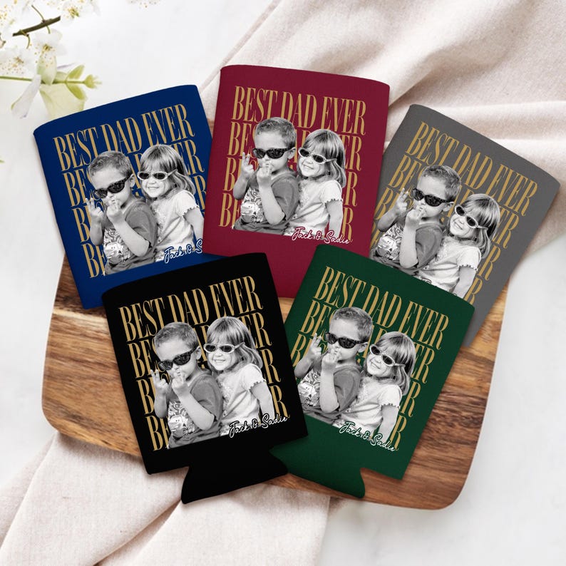 Enfriador de latas personalizado con foto "El mejor papá del mundo", regalo para el Día del Padre, regalo para el esposo, regalo para papá de parte de los niños. imagen 1