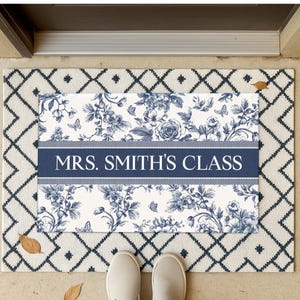 Personalized Teacher Name Doormat, Welcome to Classroom Mat, Blue Toile Classroom Decor, Teacher Rug, Back To School Gift for Female Teacher image 5