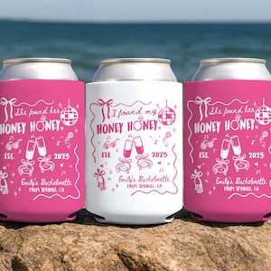 She Found Her Honey Honey Bachelorette Can Coolers, Custom Bride Last Disco Bach Party Favors, Drink Can Sleeves, Wedding Beer Can Holder