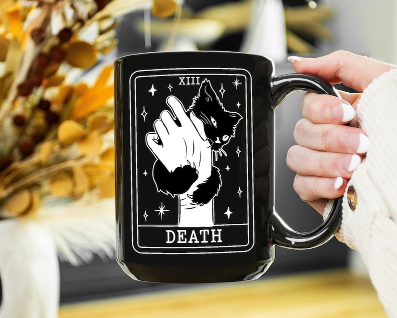 Halloween Coffee Mug, Tarot Card Black Cat Mug, Black Cat Lover Gifts, Tarot Card Death Mug, Funny Halloween Mug, Spooky Season Mug image 5