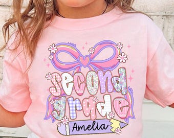 Custom 2nd Grade Girl Shirt, Back To School Shirt for Kids, First Day of Second Grade Shirt, Pink Bow Name School Shirt, Coquette Girl Shirt