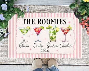 Personalized Roommate Drink Doormat: Girly Dorm Decor, Custom Name Drinks Front Door Mat, College Girls Dorm Gifts, Apartment Decor