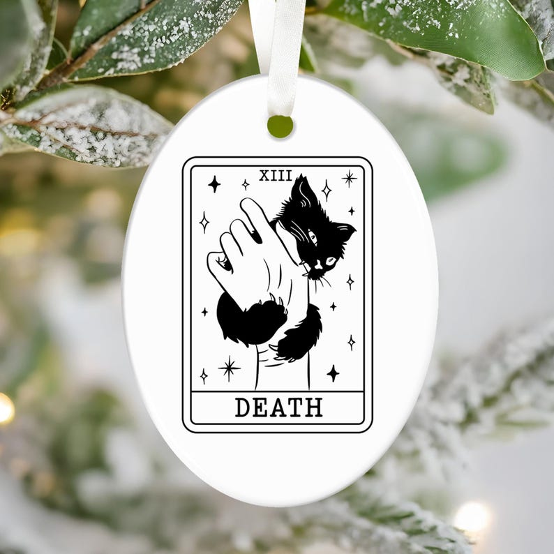 Halloween Coffee Mug, Tarot Card Black Cat Mug, Black Cat Lover Gifts, Tarot Card Death Mug, Funny Halloween Mug, Spooky Season Mug Oval Ornament