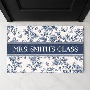 Personalized Teacher Name Doormat, Welcome to Classroom Mat, Blue Toile Classroom Decor, Teacher Rug, Back To School Gift for Female Teacher image 2