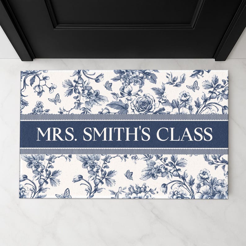 Personalized Teacher Name Doormat, Welcome to Classroom Mat, Blue Toile Classroom Decor, Teacher Rug, Back To School Gift for Female Teacher image 2