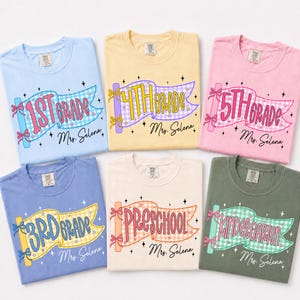 Custom Grade & Name Teacher Shirt, Pennant Flag Teacher Tee, Teacher Team Shirt, First Second Third Fourth Fifth Grade Shirt