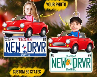 May include: Two custom Christmas ornaments featuring cartoon illustrations of people driving red convertible cars. One ornament shows a Texas license plate reading NEW DRVR with the name Sophia, and the other shows a Florida plate reading NEW DRVR with the name Daniel.