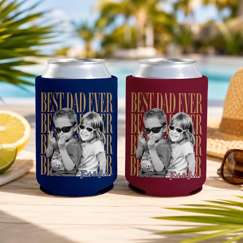 Enfriador de latas personalizado con foto "El mejor papá del mundo", regalo para el Día del Padre, regalo para el esposo, regalo para papá de parte de los niños. imagen 3