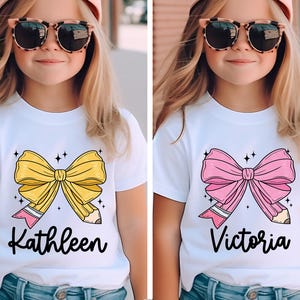 Cute Pencil Bow Shirt Kids, Preppy Back To School Shirt, First Day of School Tee, Girls School Toddler Tee, Custom Name Preschool Tee