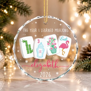 Custom Mahjong Ornament: The Year I Learned Mahjong, Funny Mahjong Group Gift, Christmas Gift For Mahjong Club 2026, Game Night Keepsake Circle Glass-1Side