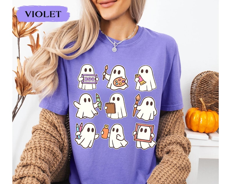 Comfort Colors Halloween Art Teacher Shirt, Cute Teacher Ghost Shirt, Spooky Art Teacher Halloween Shirt, Halloween Gifts for Artist immagine 1