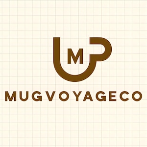 May include: A brown logo design featuring a stylized coffee mug shape with the letter "M" inside. The text "MUGVOYAGECO" is below the logo, all in a brown color against a cream-colored grid background.