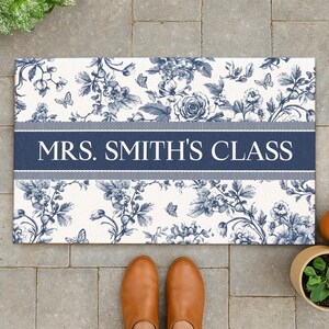 Personalized Teacher Name Doormat, Welcome to Classroom Mat, Blue Toile Classroom Decor, Teacher Rug, Back To School Gift for Female Teacher image 6