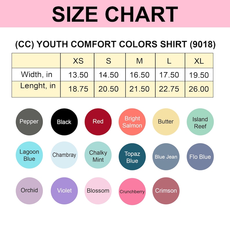 K&ouml;nnte beinhalten: Eine Gr&ouml;&szlig;entabelle f&uuml;r Youth Comfort Colors Shirts, mit Ma&szlig;en in Zoll. Die Tabelle enth&auml;lt die Gr&ouml;&szlig;en XS bis XL, mit Breiten- und L&auml;ngenma&szlig;en. Farboptionen sind Pepper, Black, Red und mehr.